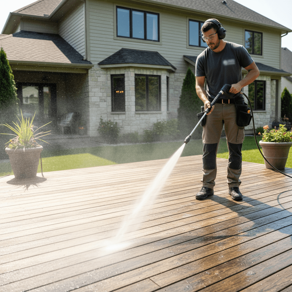 Power washing a residential deck, showing cleaning in action