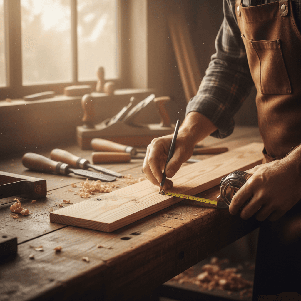 Carpenter measuring and marking wood trim during interior finish work