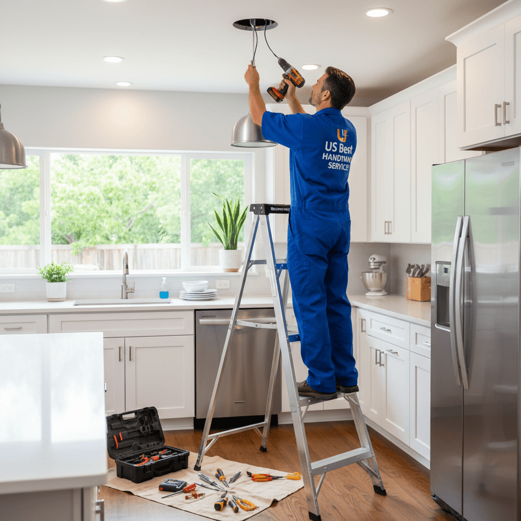 Handyman replacing a light fixture in a modern kitchen, showcasing precision and expertise.