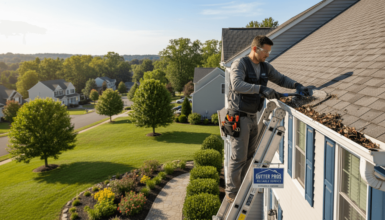 Professional handyman performing gutter cleaning on a residential home