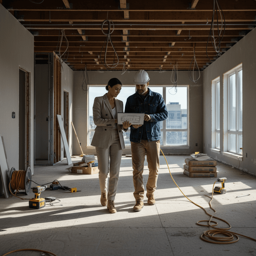 Property manager and contractor reviewing renovation plans on a tablet in an empty residential unit