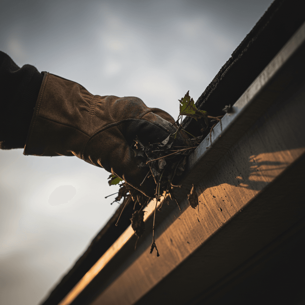 Close-up of hand cleaning debris from a residential gutter