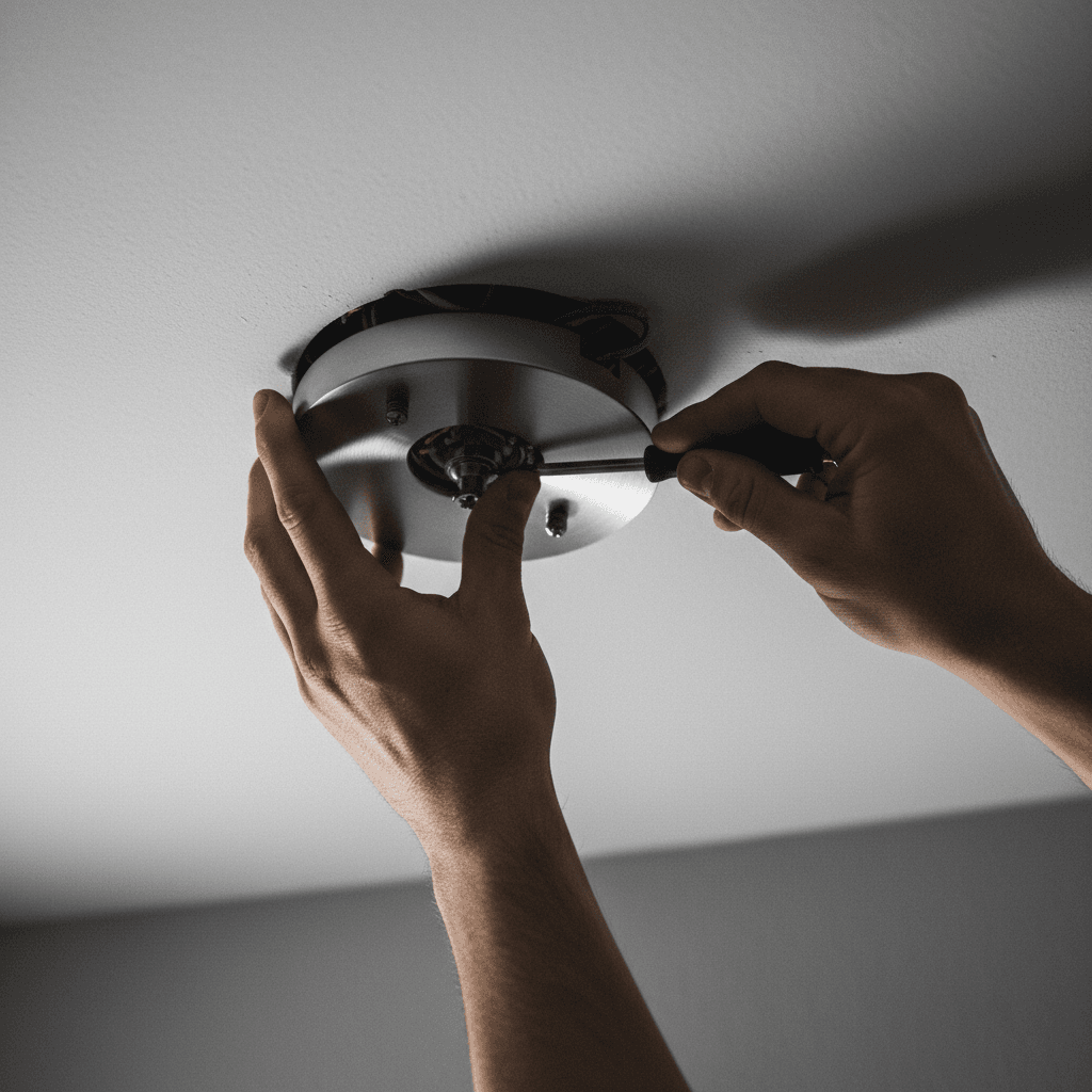 Technician installing a ceiling light fixture