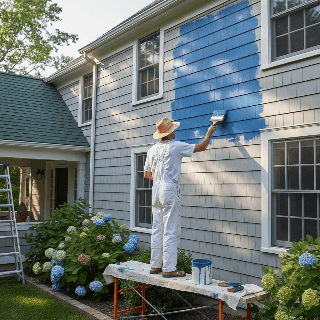 Painter applying fresh exterior paint to home