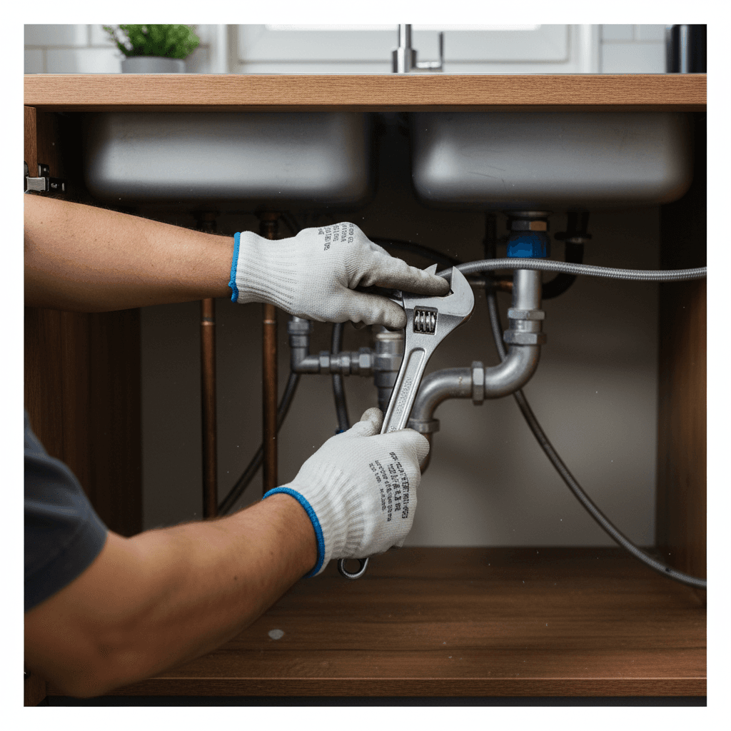 Plumber installing a new faucet under a residential sink