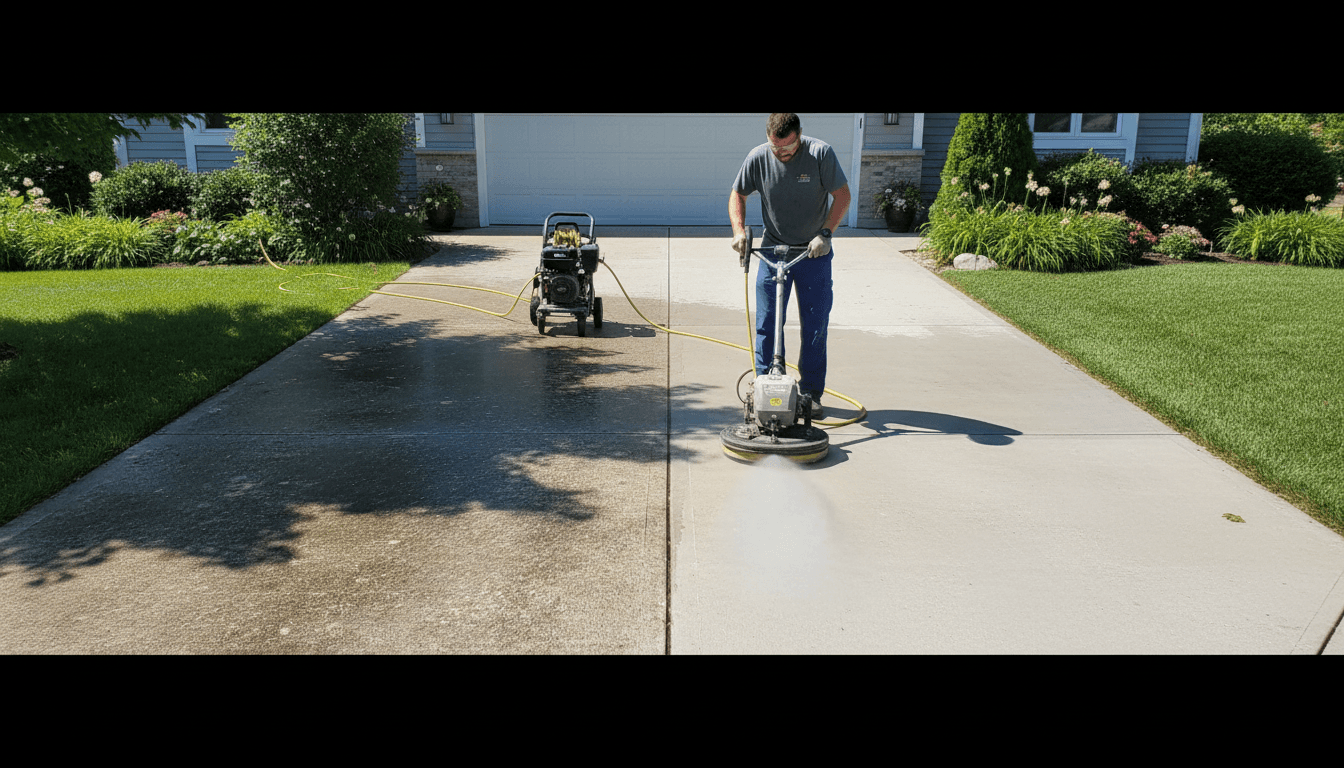 Power washing service dramatically cleaning a residential driveway