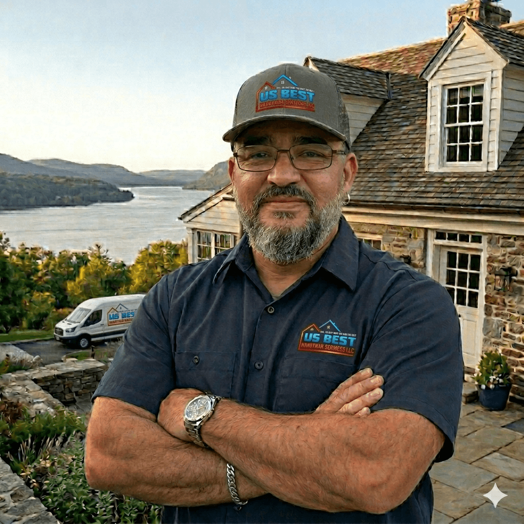 Bearded man in branded handyman uniform stands with arms crossed before a scenic river view.