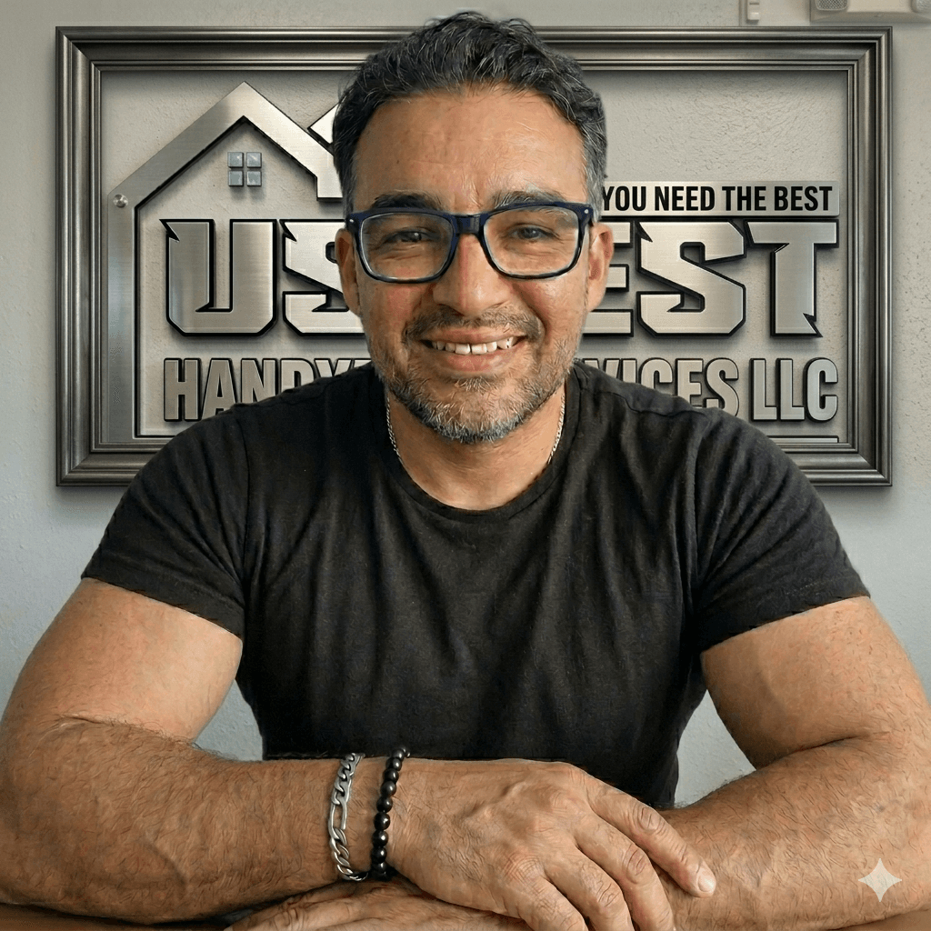 Smiling man with glasses and beard in front of a US Best Handyman Services logo.